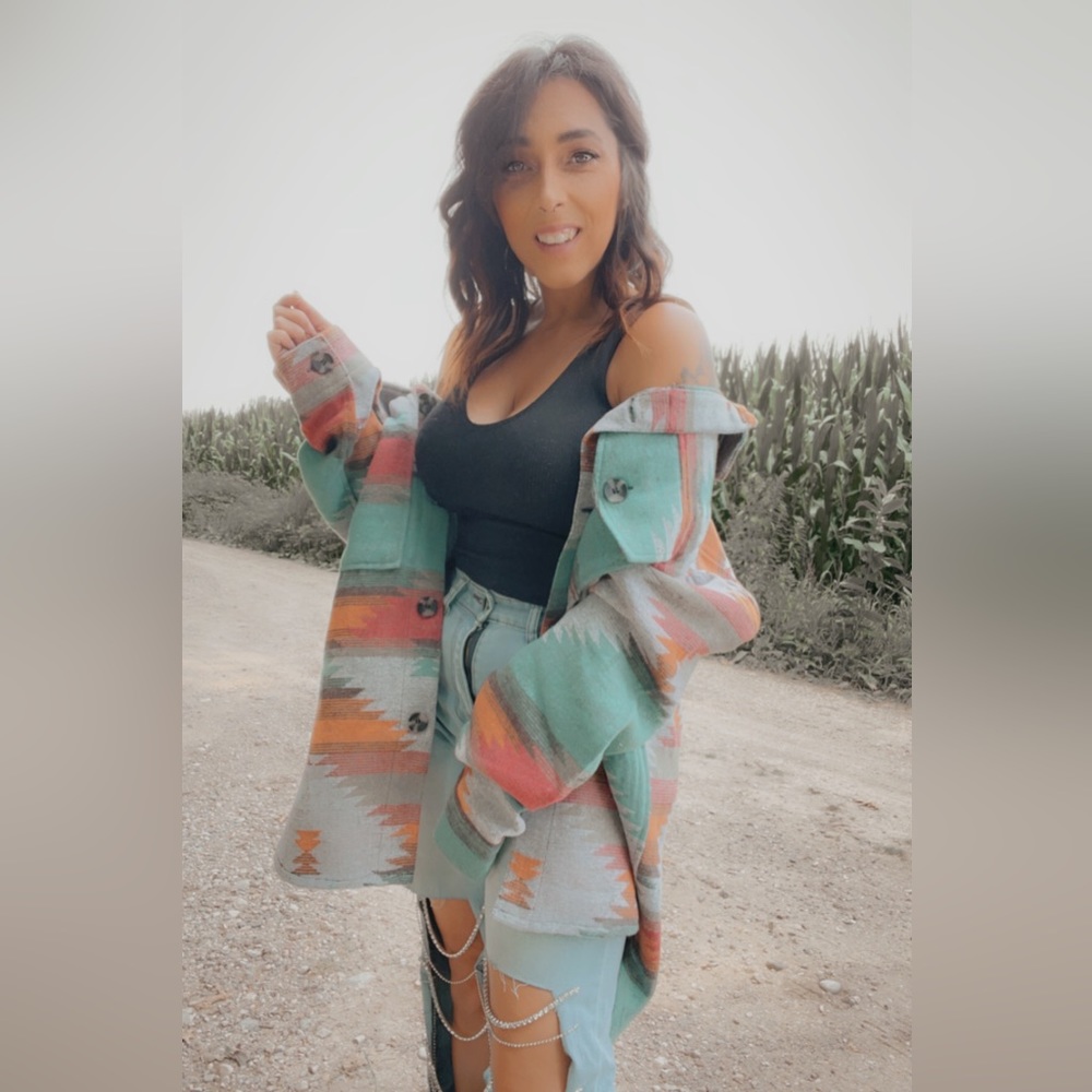 NWOT Oversized Aztec Teal Turquoise Orange Print Shacket Jacket L/XL